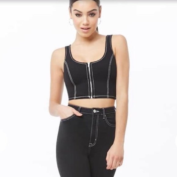 Forever 21 Tops - ❌F21 Topstitched Denim Zip-Front Cropped Top
